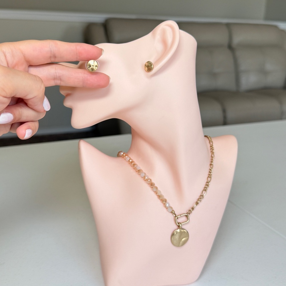 Gold Disc Pendant Necklace and Stud Earrings Set - Women Jewelry